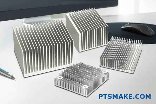 Tre kylflänsar av aluminium med olika täthet på stiftfenorna för applikationer inom termisk hantering