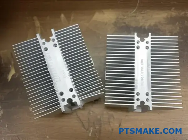 Two different aluminum heat sink profiles demonstrating extruded aluminum alloy variations with distinct fin patterns and surface finishes