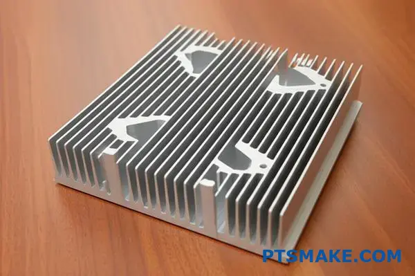 Close-up view of aluminum heat sink with parallel cooling fins showing thermal management design efficiency