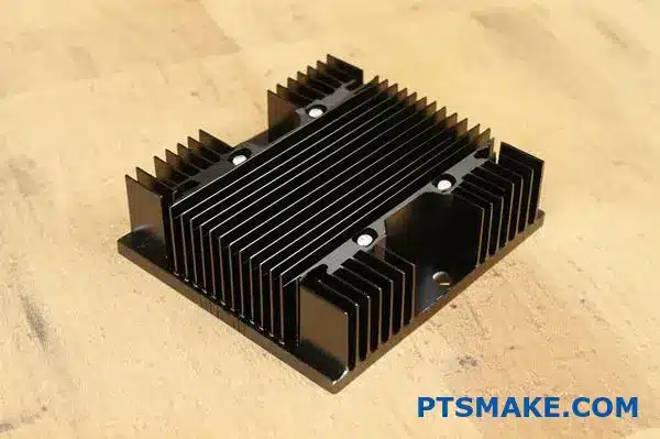 Professional black anodized heat sink with cooling fins on workbench surface