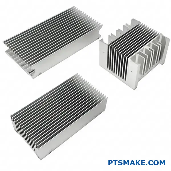 Three aluminum heat sink profiles showing linear, flared, and castellated fin designs for thermal management applications
