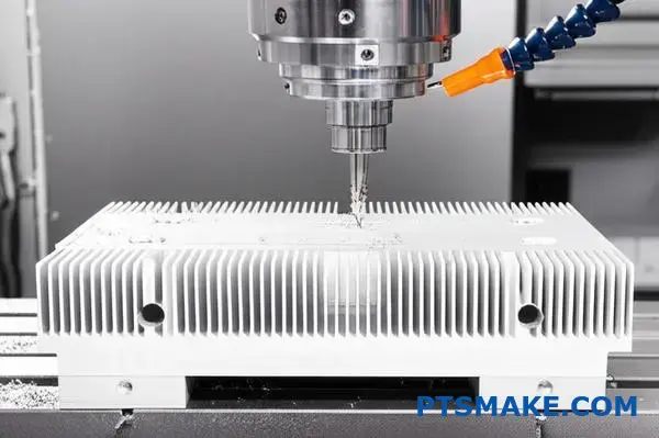 CNC machine performing secondary operations on extruded aluminum heat sink with cooling fins and precise mounting holes