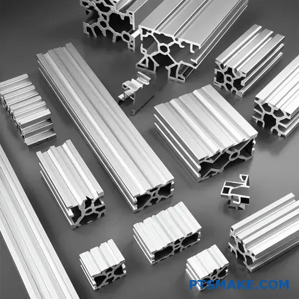Multiple aluminum extrusion profiles showcasing various cross-sectional designs and custom shapes for industrial applications