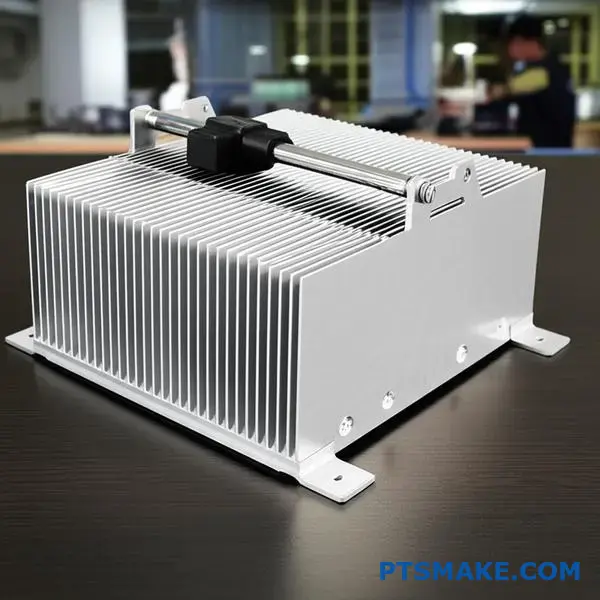 Aluminum thermal dissipator with fins for LED cooling application on workshop table