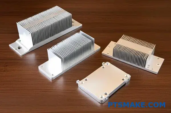 Różne typy aluminiowych radiatorów prezentujące rozwiązania zarządzania ciepłem i procesy produkcji komponentów chłodzących