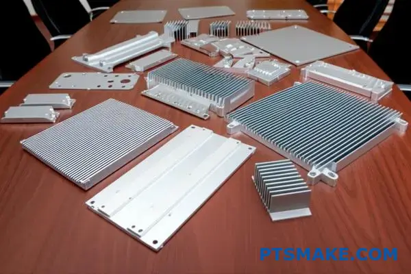 Różne aluminiowe komponenty zarządzania termicznego pokazujące różne konstrukcje radiatorów do zastosowań motoryzacyjnych i produkcji elektroniki
