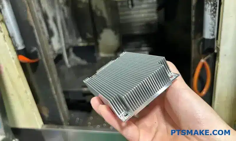 En CNC-bearbejdet køleplade holdt i hånden