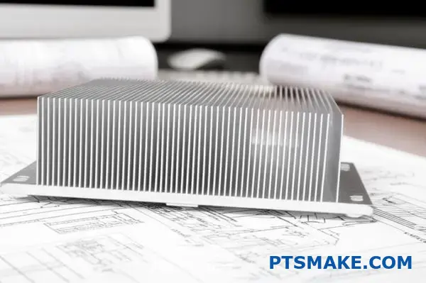 Chladič LED s tepelnotechnickými výpočtami a nákresmi na profesionálnom pracovnom stole