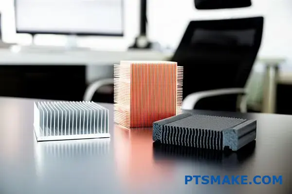 Tri komponenty chladenia LED z hliníka, medi a kompozitných materiálov usporiadané na porovnanie materiálov na povrchu stola