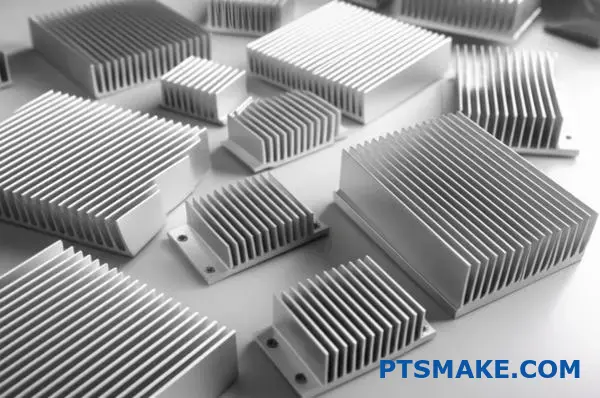 Rôzne hliníkové chladiace rebrá a komponenty tepelného manažmentu zobrazené na rôznych konštrukciách a špecifikáciách chladičov