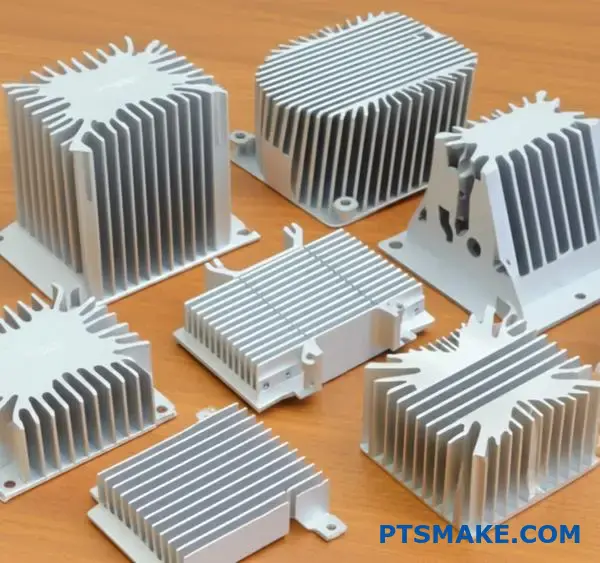 Rôzne konštrukcie hliníkových chladičov zobrazujúce rôzne konfigurácie chladiacich rebier a riešenia tepelného manažmentu