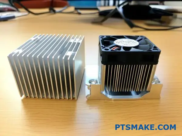 Dva hliníkové chladiče s pasívnymi chladiacimi rebrami a aktívnymi komponentmi tepelného manažmentu chladenými ventilátorom