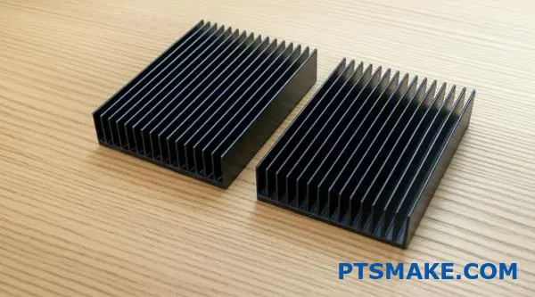 Dva hliníkové tepelné rozptyľovače s rôznymi povrchovými úpravami s eloxovanou a lakovanou povrchovou úpravou pre chladiace aplikácie