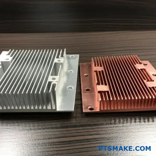 Dva rôzne kovové komponenty tepelného manažmentu zobrazujúce hliníkové a medené chladiace rebrá na porovnanie odvodu tepla