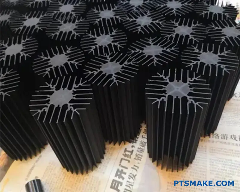 Flera svarta kylflänsar staplade på tidningspapper