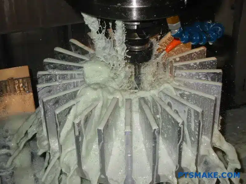 CNC stroj na výrobu hliníkového tepelného rozptyľovača s chladiacimi rebrami na priemyselnom pracovnom stole