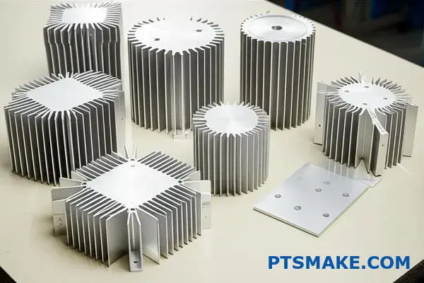 Various aluminum thermal management components showcasing different heat sink designs and manufacturing capabilities for electronics cooling applications