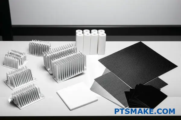 Various thermal management materials including metal heat sinks, ceramic thermal components, composite cooling solutions, and polymer thermal interfaces arranged on laboratory surface