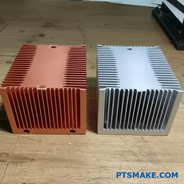 Copper and aluminum thermal management blocks displaying different heat dissipation materials for electronic cooling applications