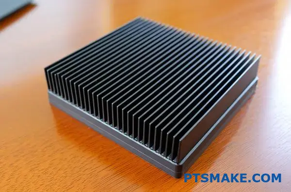 Modern black polymer heat sink with cooling fins showcasing thermal management material innovation