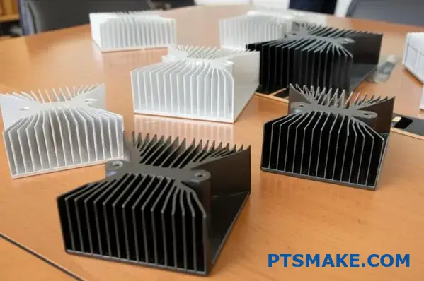 Various aluminum thermal management components with different surface treatments showcasing heat dissipation material options