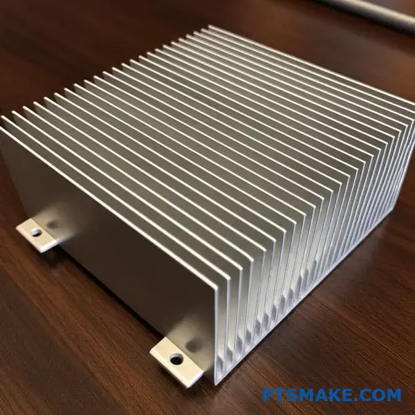 Detailed view of aluminum heat sink material showing fin structure for thermal management applications