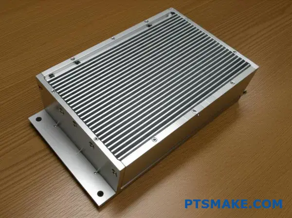 Precision machined aluminum enclosure featuring integrated thermal management fins for passive heat dissipation in sealed electronic applications