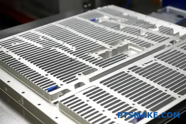 Silver aluminum cooling plate designed for EV battery thermal management system on workbench