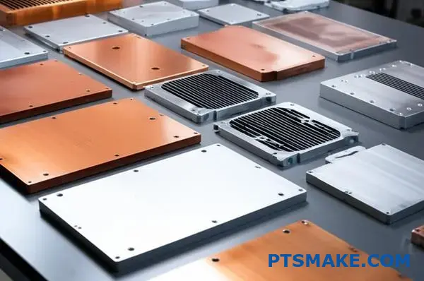 Various heat dissipation cold plates made from different thermal conductive materials showcasing material properties for cooling applications