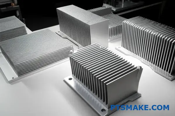Various stamped aluminum heat sink designs displaying different fin configurations and thermal dissipation features for manufacturing optimization