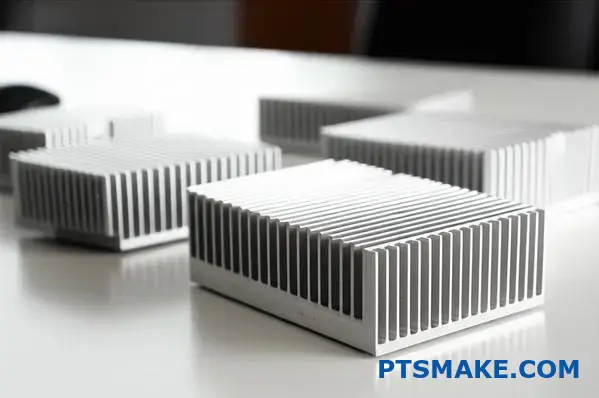 Various aluminum heat sink designs showcasing stamped and extruded thermal management solutions for electronic cooling applications