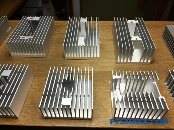 Multiple aluminum heat sinks displaying various fin height ratios and thermal management designs