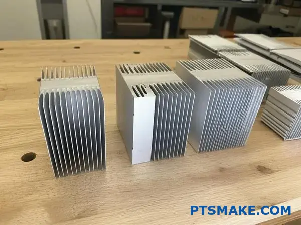 Different types of stamped heat sink fins showing zipper and folded fin geometries for thermal management