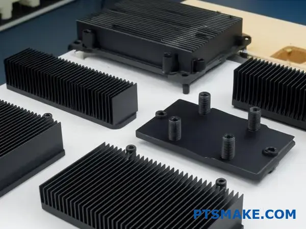 Various aluminum heat sink designs displaying different mounting solutions and thermal management integration options for electronic components