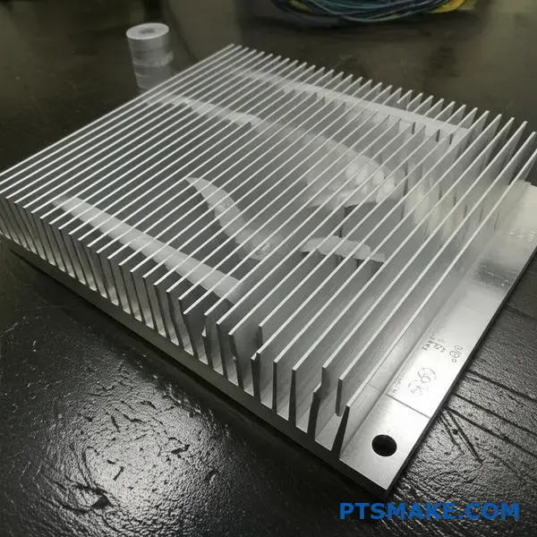 Stamped aluminum heat sink with parallel fins showing thermal dissipation component design for electronic cooling applications
