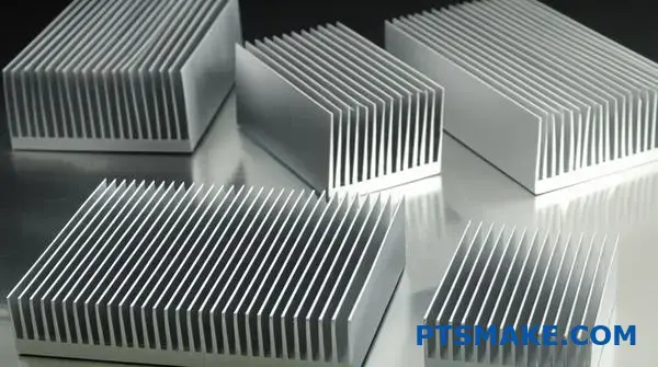 Various aluminum thermal management components displaying different fin densities and heat dissipation designs on workspace