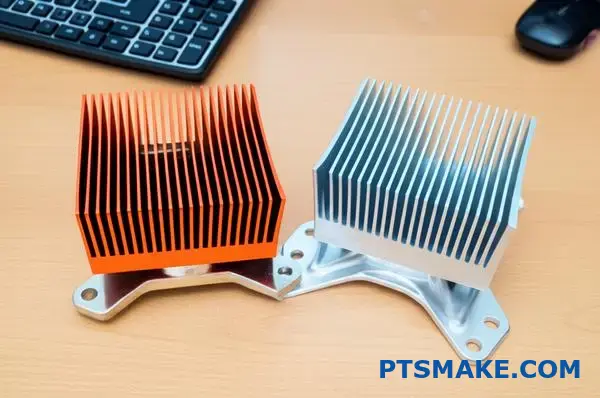 Side by side comparison of aluminum and copper heat sinks showing thermal conductivity differences for cooling applications