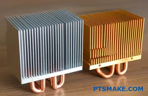 Side by side comparison of lightweight aluminum and dense copper heat sinks showing thermal performance differences