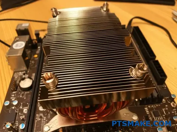 Copper heat sink mounted on motherboard showing weight stress on circuit board mounting points