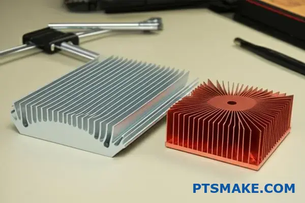 Side by side comparison of aluminum and copper heat sinks showing size and material differences for thermal management solutions