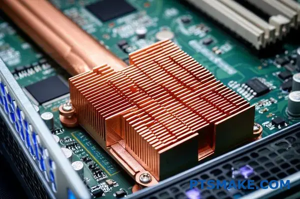 Compact copper heat sink mounted on processor in cramped 1U server blade showing superior thermal management solution