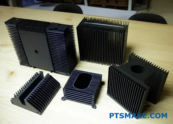 أنواع مختلفة من المبددات الحرارية الكبيرة معروضة تظهر تصميمات مختلفة لزعانف التبريد ومكونات إدارة الحرارة