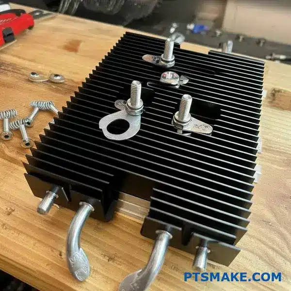 لقطة مقربة لمبدد حرارة كبير مع مسامير تثبيت ونوابض تظهر أجهزة إدارة الحرارة