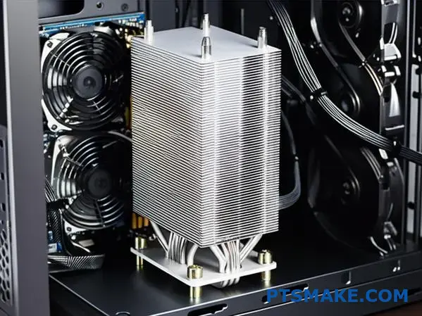 مبدد حرارة ضخم مزود بزعانف مدمجة في هيكل نظام الكمبيوتر يظهر تصميم تدفق الهواء