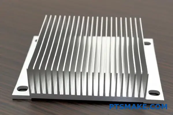 Close-up view of aluminum heat sink showing thick base and vertical fins for thermal management