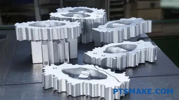 Several forged aluminum heat sink components showing manufacturing defects and surface imperfections on workshop table