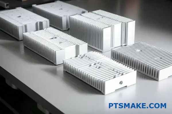 Various forged thermal management components showcasing different cooling fin designs and heat dissipation structures on industrial surface