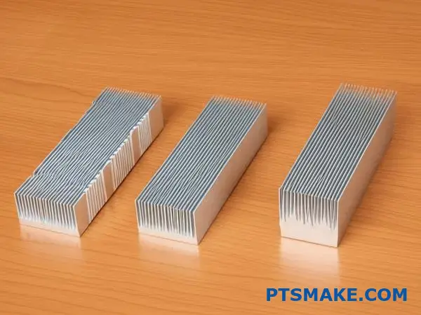 Three different heat sink manufacturing types displayed side by side showing forged, extruded, and skived thermal cooling solutions
