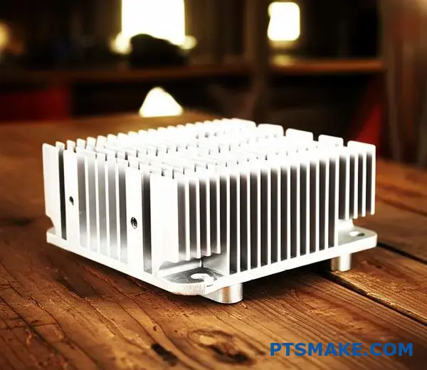 Forged aluminum heat sink component with parallel cooling fins on workbench surface