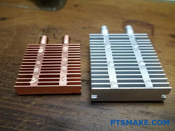 Comparison of forged thermal management components showing copper and aluminum heat sink structures side by side